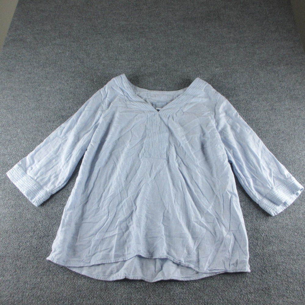 Sigrid Olsen Blouse Womens Plus 1X Blue‎ V Neck 3/4 Sleeve Linen Rayon Tunic